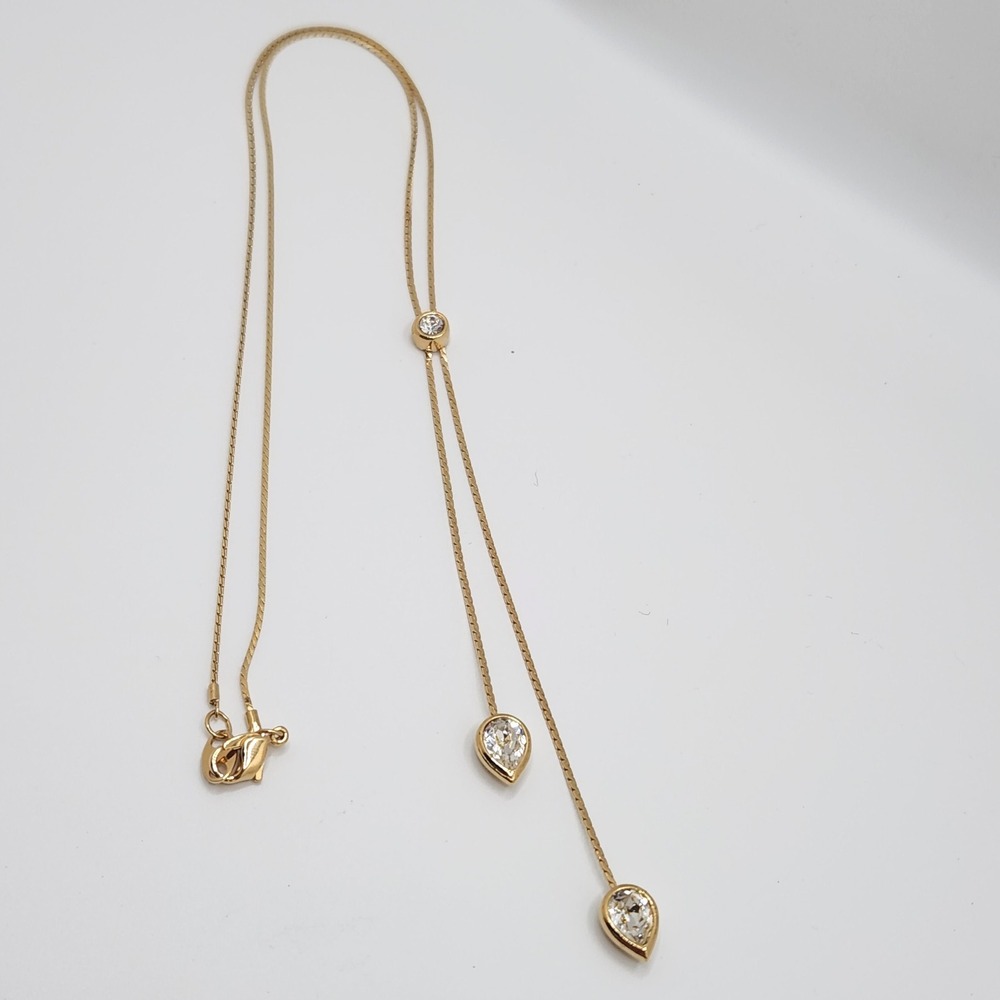 Lariat Y-Necklace Teardrop Crystal Snake Chain Gold Tone Glam Prom Bolo